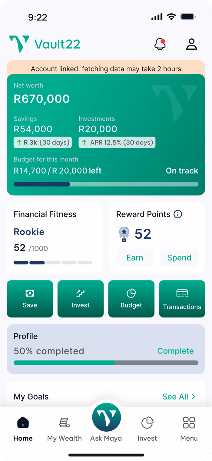 The Vault22 app showing net worth, budget for the month and financial fitness