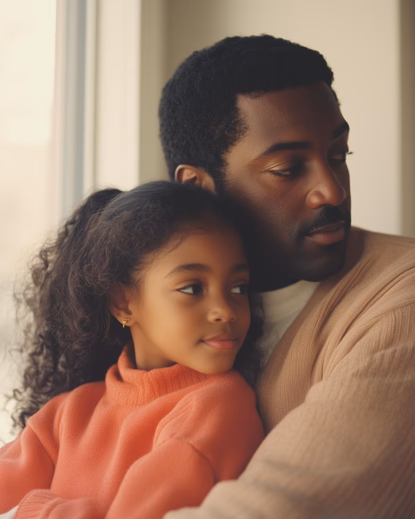 A father sitting with his daughter.