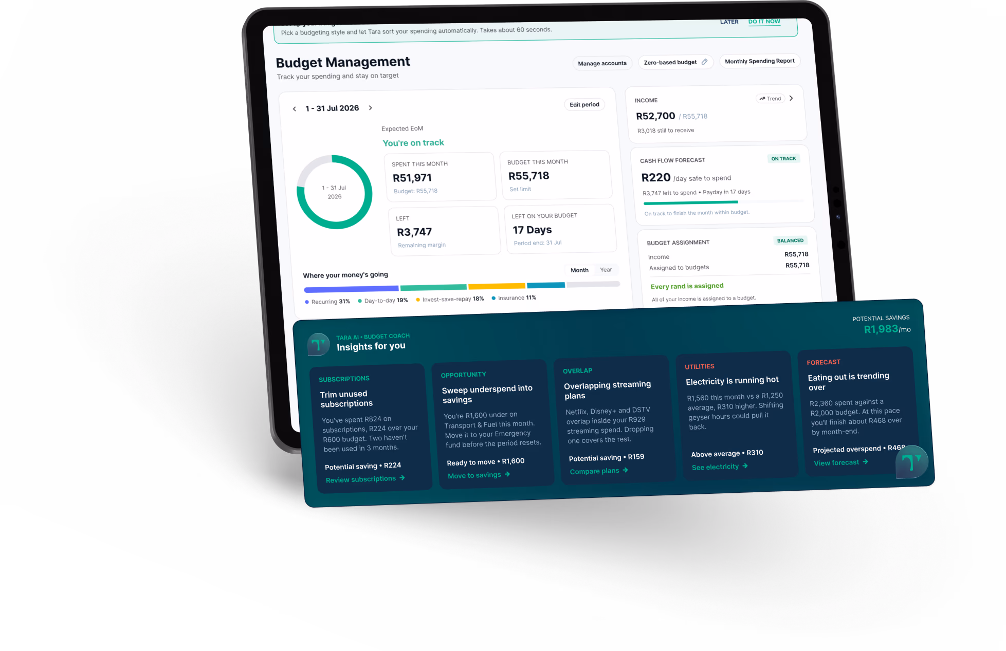A household view in Vault22: shared budgets and goals for the month, with Tara suggesting where there is room to move.