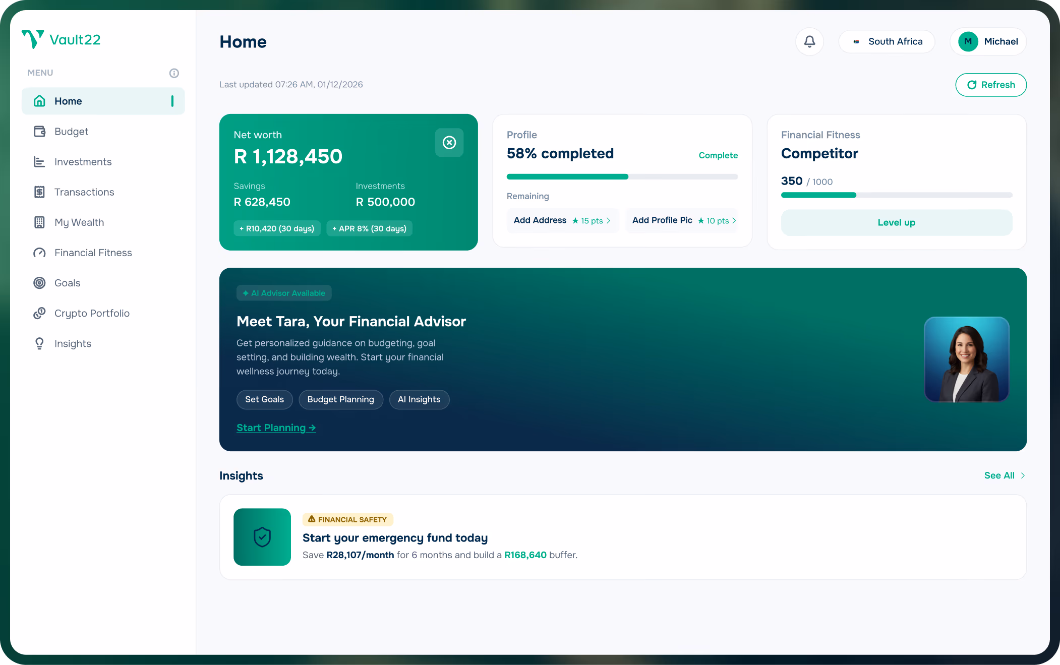 Vault22 web dashboard showing net worth, profile completion, financial fitness and Tara, your financial advisor