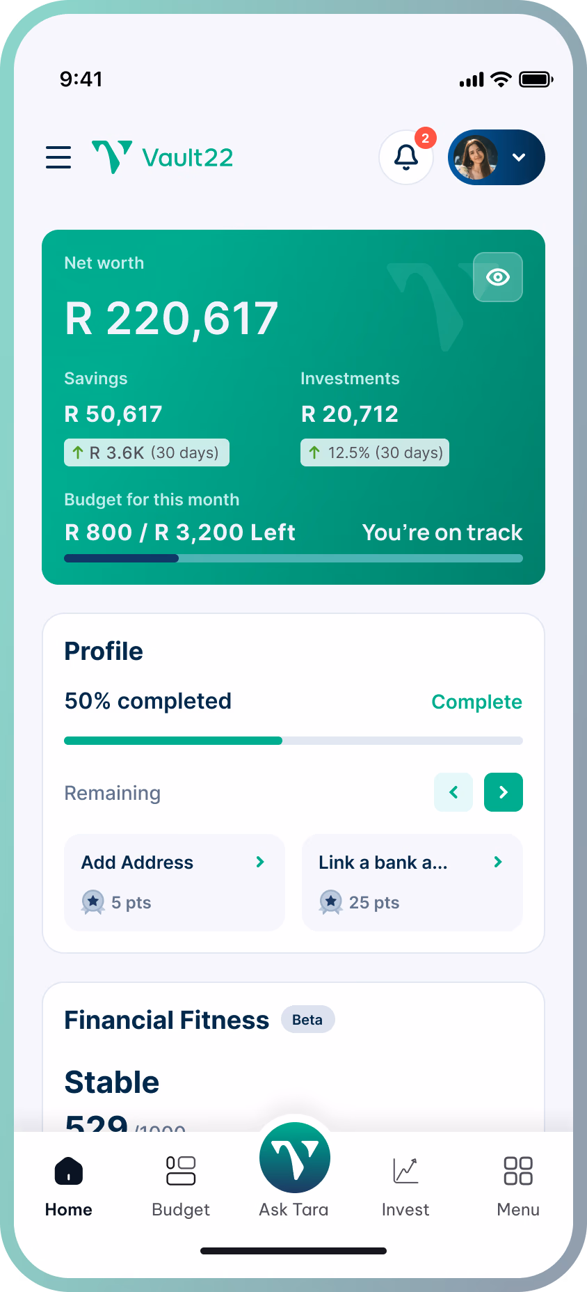 The Vault22 app showing net worth, budget for the month, profile completion and financial fitness