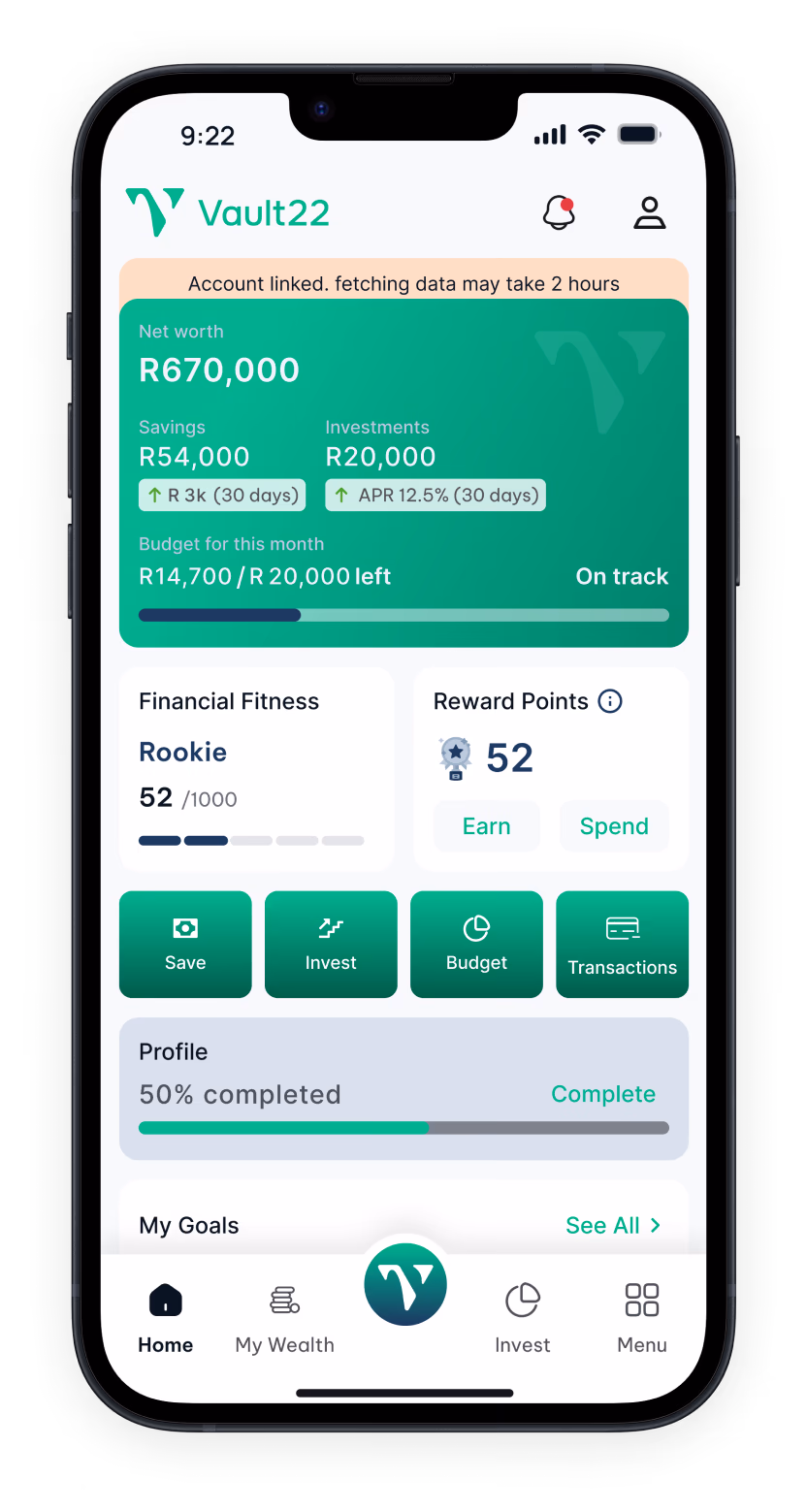 Vault22 mobile app home screen with net worth, budget and financial fitness